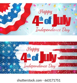 Happy 4th of July, Independence Day, set of greeting cards horizontal banners. Happy July Fourth. Vector.