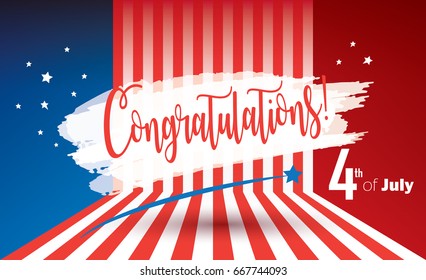 Happy 4th of July independence day poster, greeting card. Congratulations lettering, fireworks banner, 2023 celebrate American Holiday Memorial day, Labor Day American flag color Vector template USA