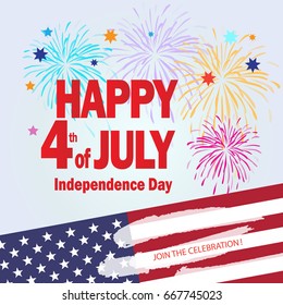 Happy 4th of July independence day poster, greeting card. Banner for celebrate American Holiday, Memorial day, Labor Day Event sign Festive background fireworks American flag. 2022 USA Vector template