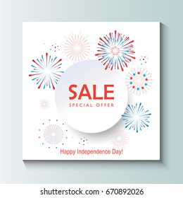 Happy 4th of July independence day Fireworks, confetti festive background with place for text. Fireworks blue and red color of American flag. Vector for poster, banner, brochure, greeting card design.