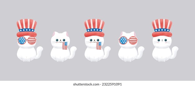 Happy 4th of July kawaii white cat vector Illustration 