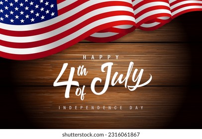 Happy 4th of July lettering with flag USA on dark wooden plank. Fourth of July vintage design. Vector illustration