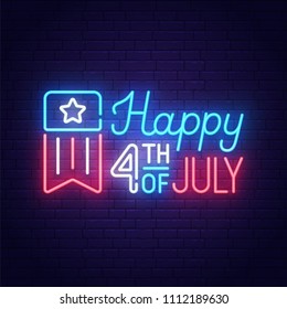 Happy 4th of July neon sign, bright signboard, light banner. Independence Day logo, emblem. July Fourth label. Vector illustration