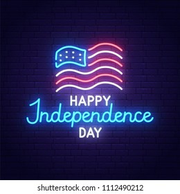 Happy 4th of July neon sign, bright signboard, light banner. Independence Day logo, emblem. July Fourth label. Vector illustration