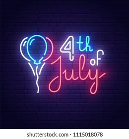 Happy 4th of July neon sign, bright signboard, light banner. Independence Day logo, emblem. July Fourth label. Vector illustration