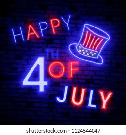 Happy 4th of July neon sign, bright signboard, light banner. Independence Day logo, emblem. July Fourth label. Vector illustration