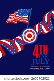 Happy 4th of July on blue background design. United States of America Independence Day Celebration. Banner, poster, greeting card. Wavy flag vector illustration.