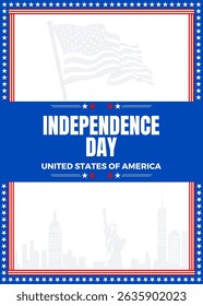 Happy 4th of July on white background design. United States of America Independence Day Celebration. Banner, poster, greeting card. Flag border, cityscape silhouette vector illustration.