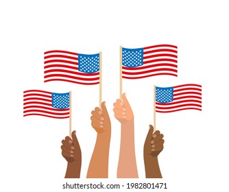 Happy 4th july, People hold American flag. American Independence Day national holiday. Vector illustration