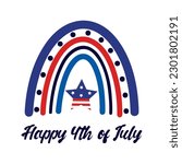 Happy 4th of July rainbow. USA freedom symbol, Independence day. American flag star, national holiday sign. Simple vector illustration isolated on white. Flat cartoon clipart for cards, posters, print