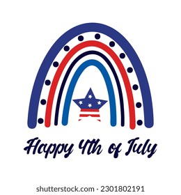 Happy 4th of July rainbow. USA freedom symbol, Independence day. American flag star, national holiday sign. Simple vector illustration isolated on white. Flat cartoon clipart for cards, posters, print