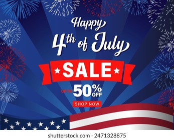 Happy 4th of July SALE banner, up to 50% off text and fireworks. Happy Independence Day of USA, discount poster. Vector illustration