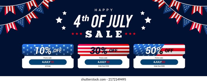 Happy 4th Of July Sale Coupon Template Banner Vector Illustration. American Flag Garland