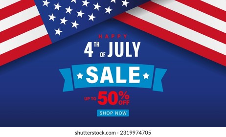 Happy 4th of July, Sale promotion banner template with flags and ribbon. Independence day USA voucher discount. Vector illustration