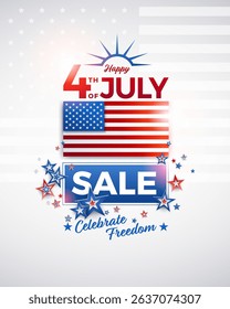 Happy 4th of July Sale social media post - vector illustration with USA flag, bold SALE typography, red and blue stars, and “Celebrate Freedom” text on a light background. Ideal for digital ads, promo