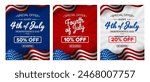 Happy 4th of July Sale template, set of abstract backgrounds waving USA flag background, fourth july sale, banner, posters, cover design templates, social media wallpaper stories