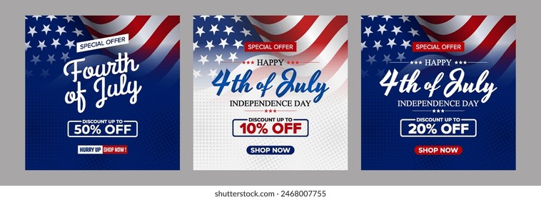 Happy 4th of July Sale template, set of abstract backgrounds waving USA flag background, fourth july sale, banner, posters, cover design templates, social media wallpaper stories