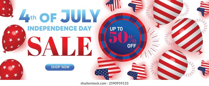 Happy 4th of July Sale Web Banner. Fourth July Independence Day Sale Background. 4th of July sale banner with American flag balloons, stars, confetti offering up to 50% discount