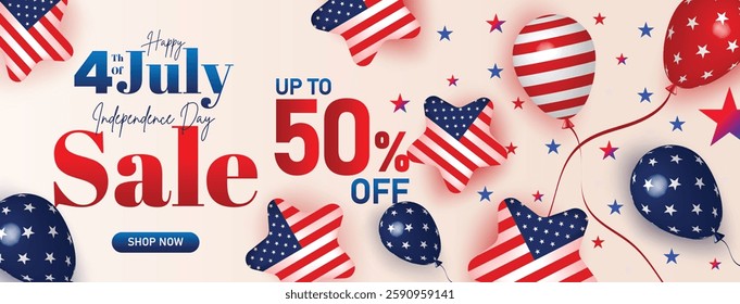 Happy 4th of July Sale Web Banner. Fourth July Independence Day Sale Background. 4th of July sale banner with American flag balloons, stars, confetti offering up to 50% discount