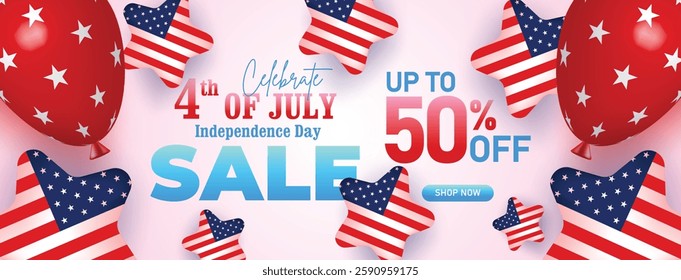 Happy 4th of July Sale Web Banner. Fourth July Independence Day Sale Background. 4th of July sale banner with American flag balloons, stars, confetti offering up to 50% discount