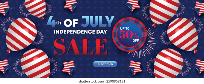 Happy 4th of July Sale Web Banner. Fourth July Independence Day Sale Background. 4th of July sale banner with American flag balloons, stars, confetti offering up to 50% discount