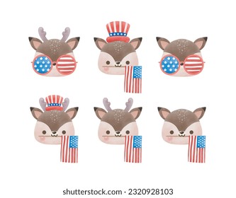 Happy 4th of July set of group fox head watercolor vector Illustration