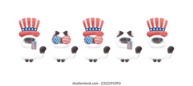 Happy 4th of July set of group kawaii himalayan cat vector Illustration 
