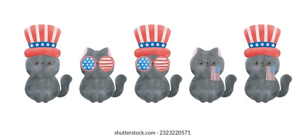 Happy 4th of July set of group kawaii black cat vector Illustration 