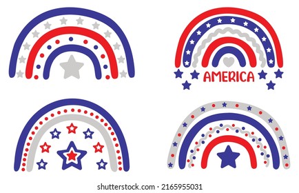 Happy 4th of July. 4th of July set of rainbows. Patriotic iridescent shirt design. Happy Independence day, 4th July national holiday. For banner, label, tag, poster, wallpaper, flyer, invitation. 