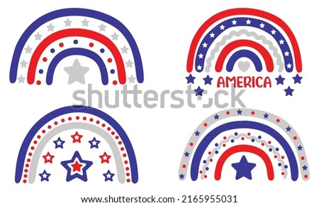 Happy 4th of July. 4th of July set of rainbows. Patriotic iridescent shirt design. Happy Independence day, 4th July national holiday. For banner, label, tag, poster, wallpaper, flyer, invitation. 