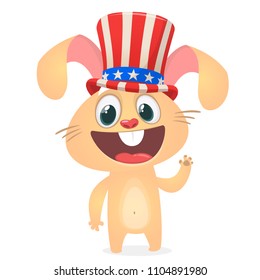 Happy 4th of July sticker card with cartoon rabbit. Vector illustration.