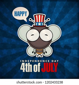 Happy 4th of July sticker card with cartoon bee. Vector illustration.