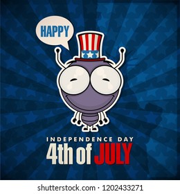 Happy 4th of July sticker card with cartoon ant. Vector illustration.