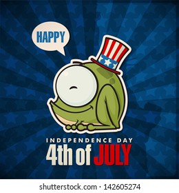 Happy 4th of July sticker card with cartoon frog. Vector illustration.