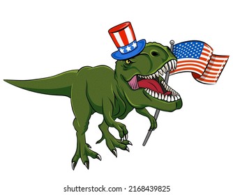 Happy 4th of July - T rex tyrannosaurus with American flag. Cute smiling happy dinosaur with Uncle Sam hat. Dino character in cartoon style. Happy Independence Day! Good for t-shirt, mug, gift. 