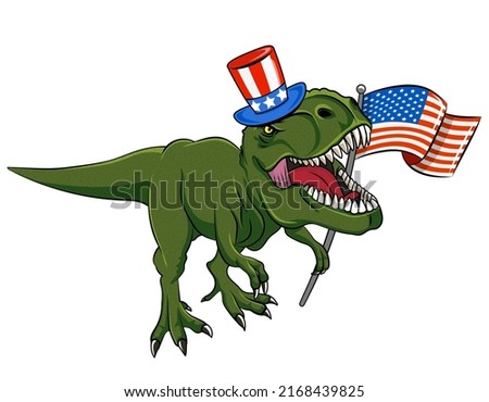 Happy 4th of July - T rex tyrannosaurus with American flag. Cute smiling happy dinosaur with Uncle Sam hat. Dino character in cartoon style. Happy Independence Day! Good for t-shirt, mug, gift. 