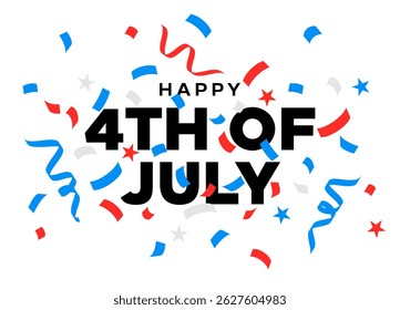 Happy 4th of July text, confetti background, USA Fourth July