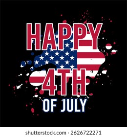 Happy 4th of July Text Design Vector | American Flag Paint Splash on Black Background | Patriotic USA Independence Day Celebration.