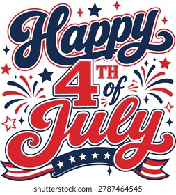 happy 4th of july text with fireworks and stars isolated on transparent background