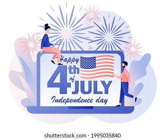 Happy 4th of July - text on laptop screen. Fourth of July. Tiny people celebrate United States Of America Independence Day. Modern flat cartoon style. Vector illustration on white background