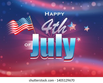 Happy 4th Of July text with wavy American Flag and stars on glossy bokeh background.
