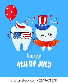 Happy 4th of July - Tooth couple character design in kawaii style. Hand drawn Toothfairy with funny quote. Good for school prevention posters, greeting cards, banners, textiles. Happy Independence Day