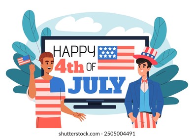 Happy 4th of july. Traditional patriotic holiday and festival in USA. Freedom and independence. Man and woman with American flag. Flat vector illustration isolated on white background