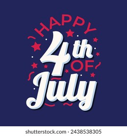 Happy 4th of July typography banner to celebrate American Independence Day. Fourth of July logo, banner, poster, greeting card with United States flag, stars. Red and blue color. Vector illustration.