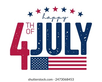 Happy 4th of July Typography Design, USA Independence Day Stamp Texture Objects. Isolated White Background.