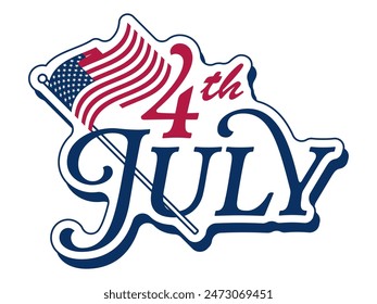 Happy 4th of July Typography Design, USA Independence Day with Flag. Isolated White Background.
