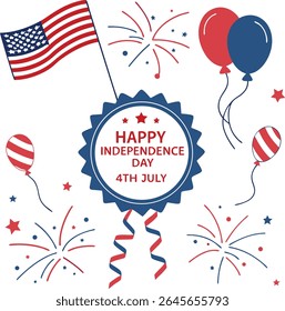 Feliz 4 de julho de projeto tipográfico com pincel de bandeira americana vertical traçado em ambos os lados, ilustração vetorial.
