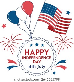 Feliz 4 de julho de projeto tipográfico com pincel de bandeira americana vertical traçado em ambos os lados, ilustração vetorial.