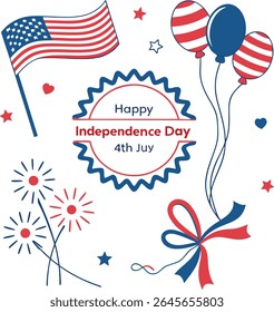 Feliz 4 de julho de projeto tipográfico com pincel de bandeira americana vertical traçado em ambos os lados, ilustração vetorial.