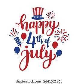 Happy 4th of july Typography text design with fireworks USA American Independence Day, T-Shirt Design.